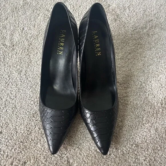Lauren Ralph Lauren Black Snake Skin Embossed Pump Heel Pointed Toe Classy - Picture 2 of 9